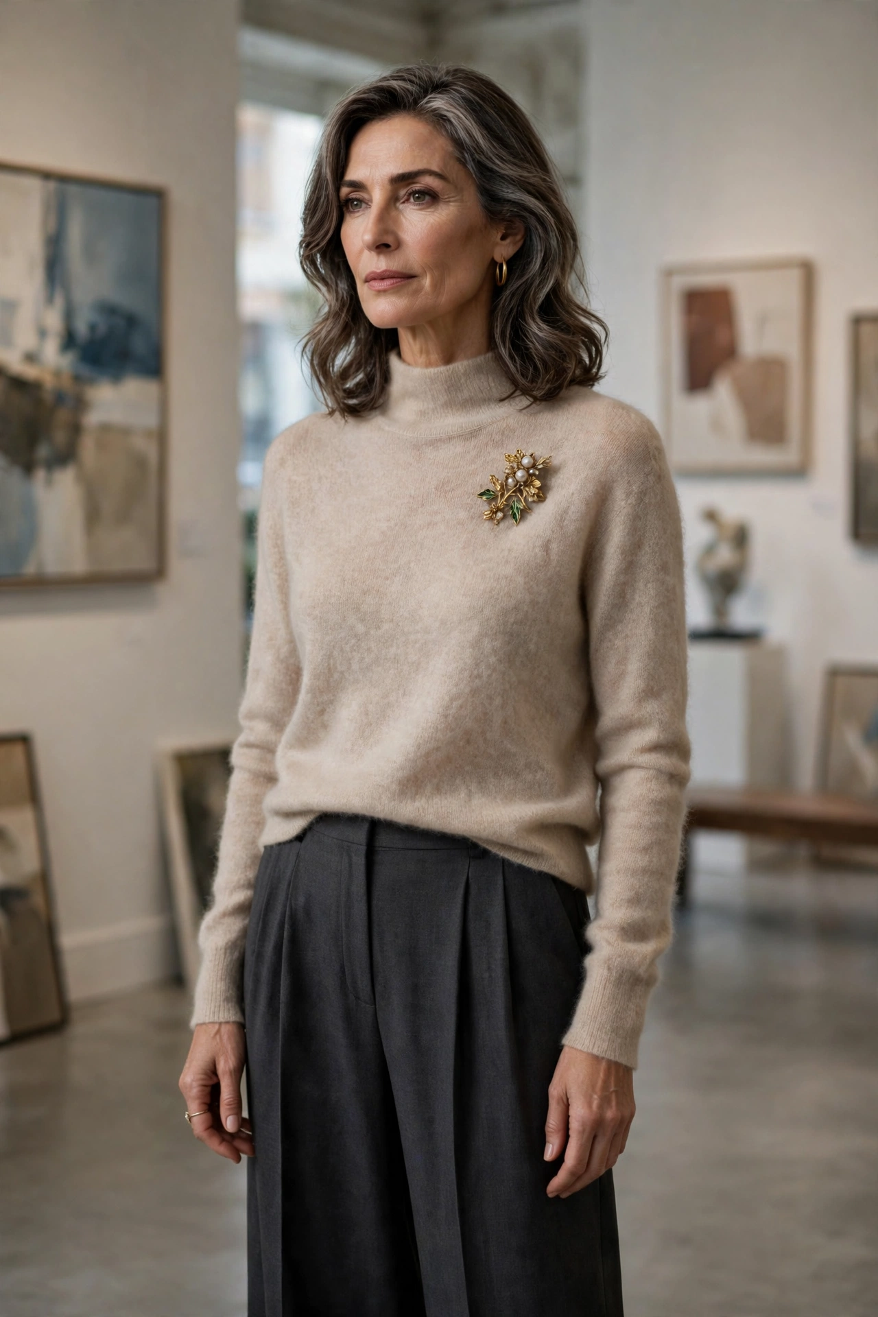Elegant woman in her 50s wearing a black cashmere sweater with a pleated midi skirt in an art gallery