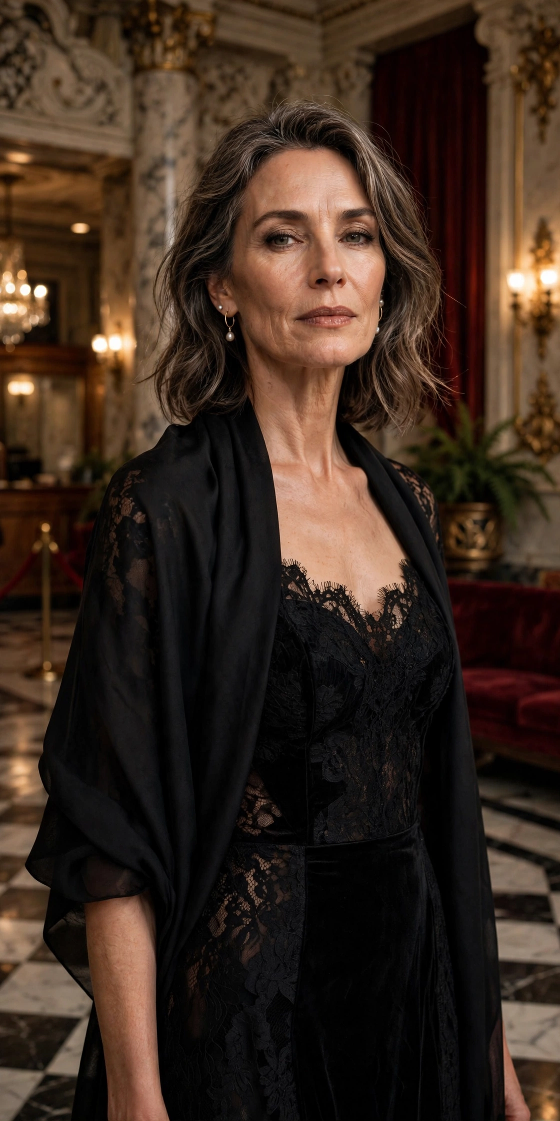 Elegant woman in her 50s wearing a black tuxedo jacket with ivory wide-leg pants at a gala