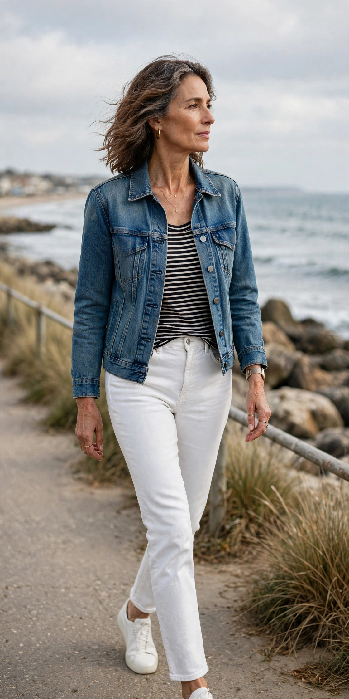 Elegant woman in her 50s wearing a striped Breton top with white wide-leg trousers on a seaside walk