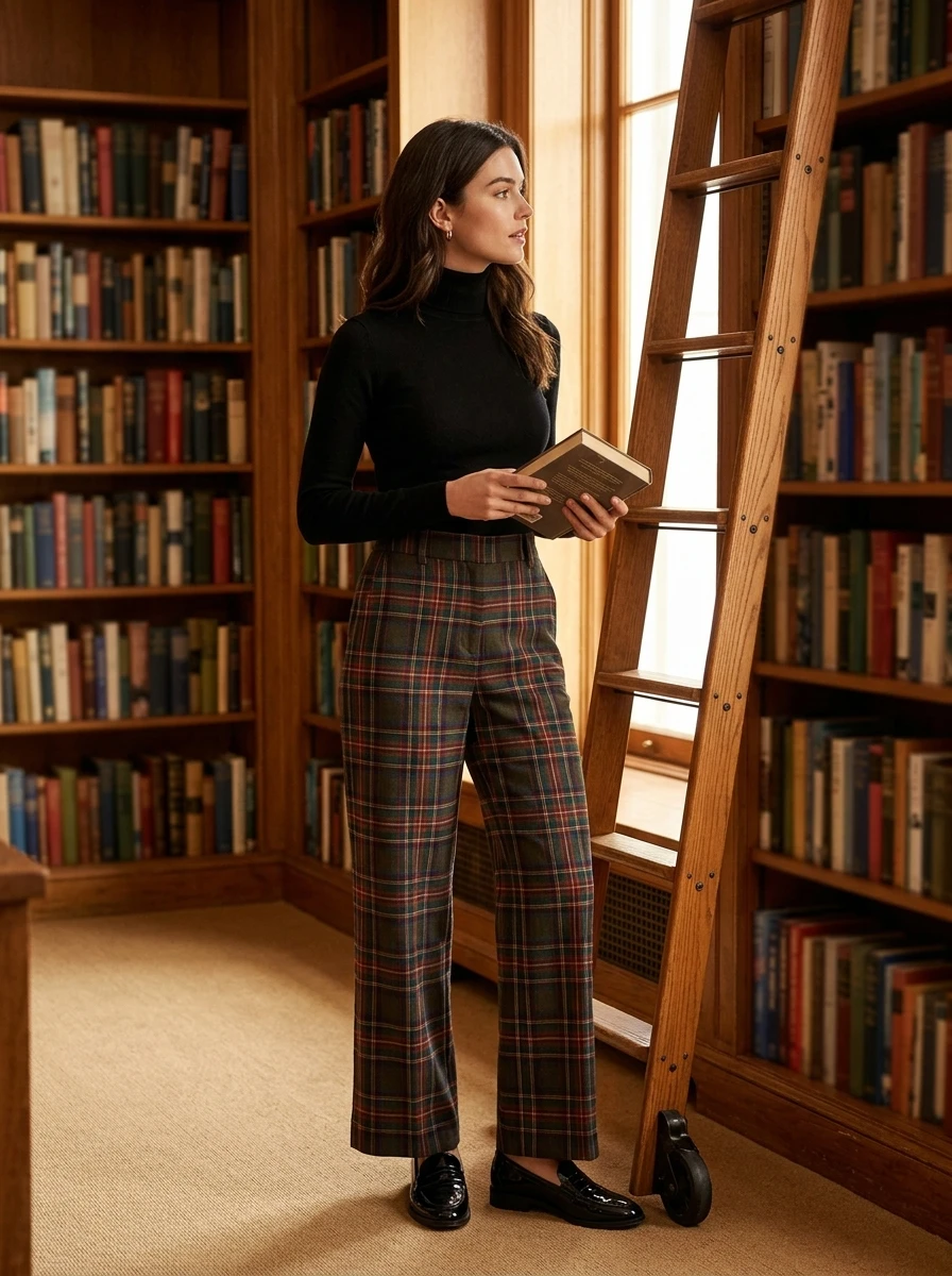A woman wears a fitted black turtleneck tucked into high waisted plaid trousers, styled with black leather loafers.