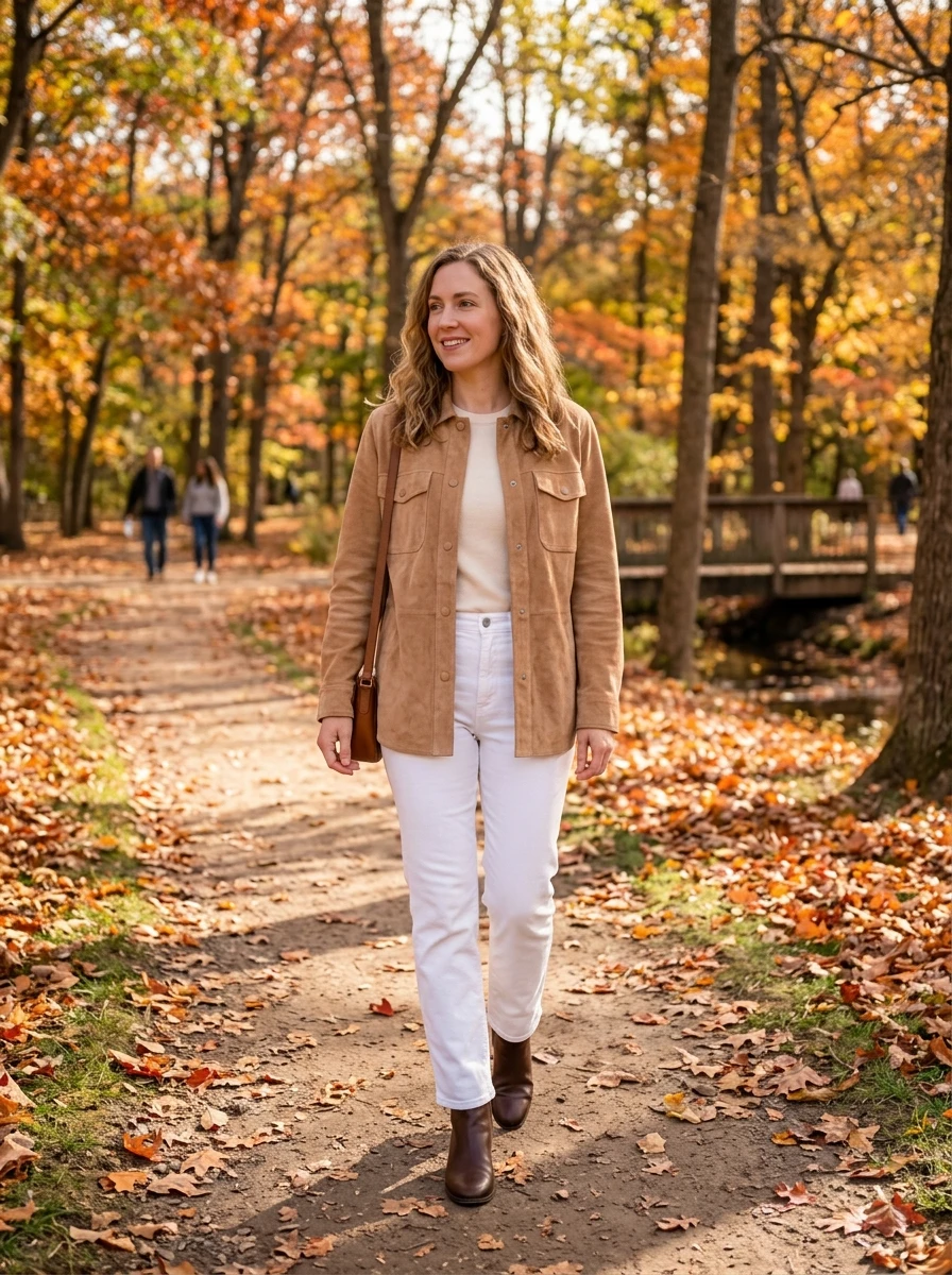 Woman wearing a tan suede shirt jacket over a white tee and white denim jeans, completed with tan ankle boots.