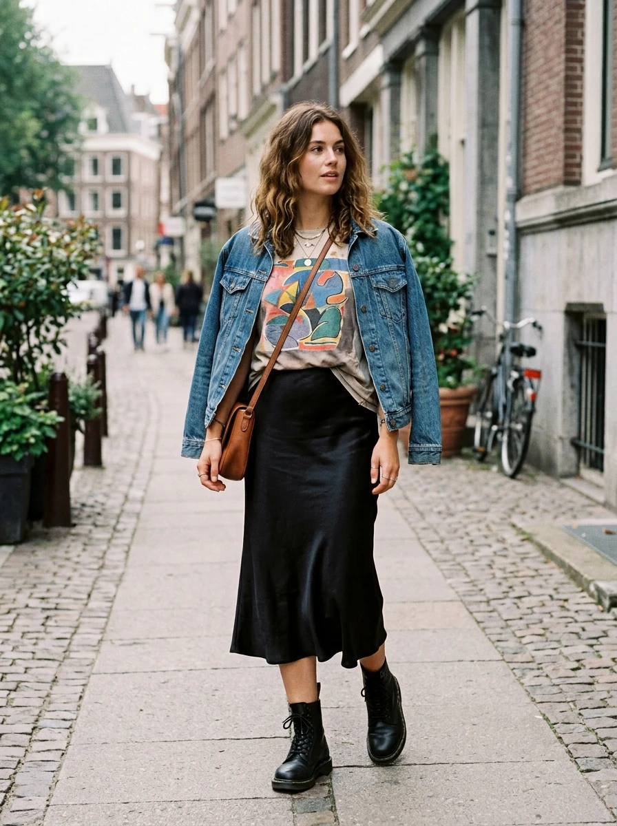 Woman wearing a graphic band tee tucked into a black satin slip skirt, finished with black leather boots.