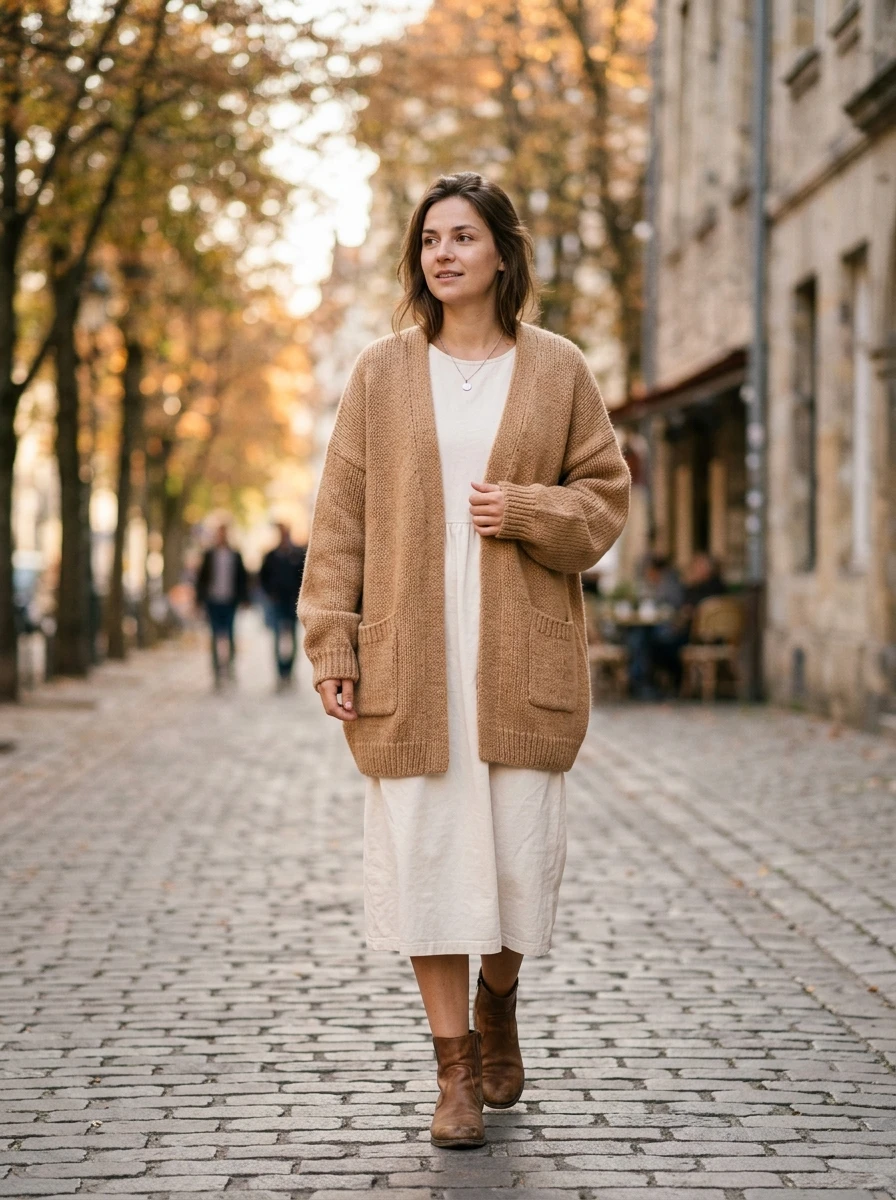 A woman wears a chunky oversized camel wool cardigan over a simple white dress, creating a soft and layered appearance.