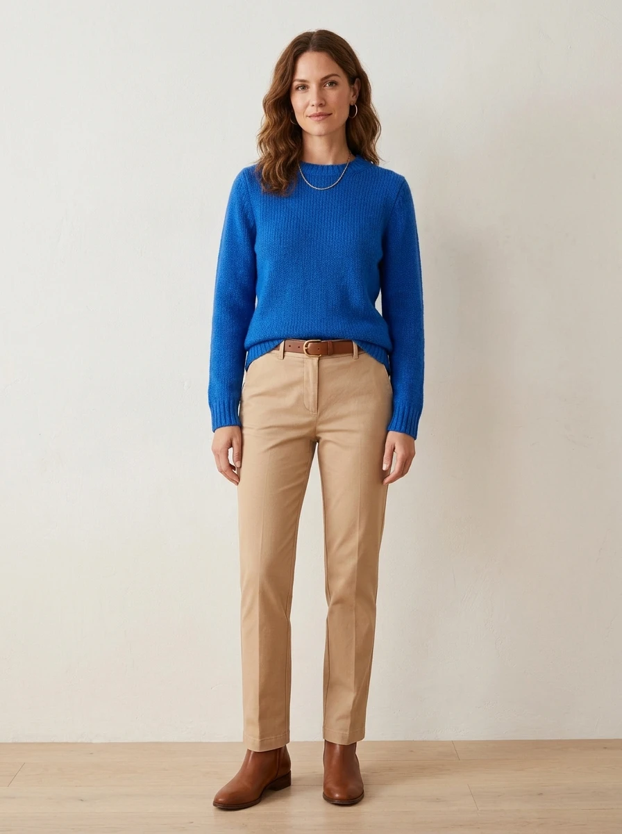 Woman wearing a vibrant cobalt blue knit sweater tucked into beige trousers, styled with minimalist gold jewelry.