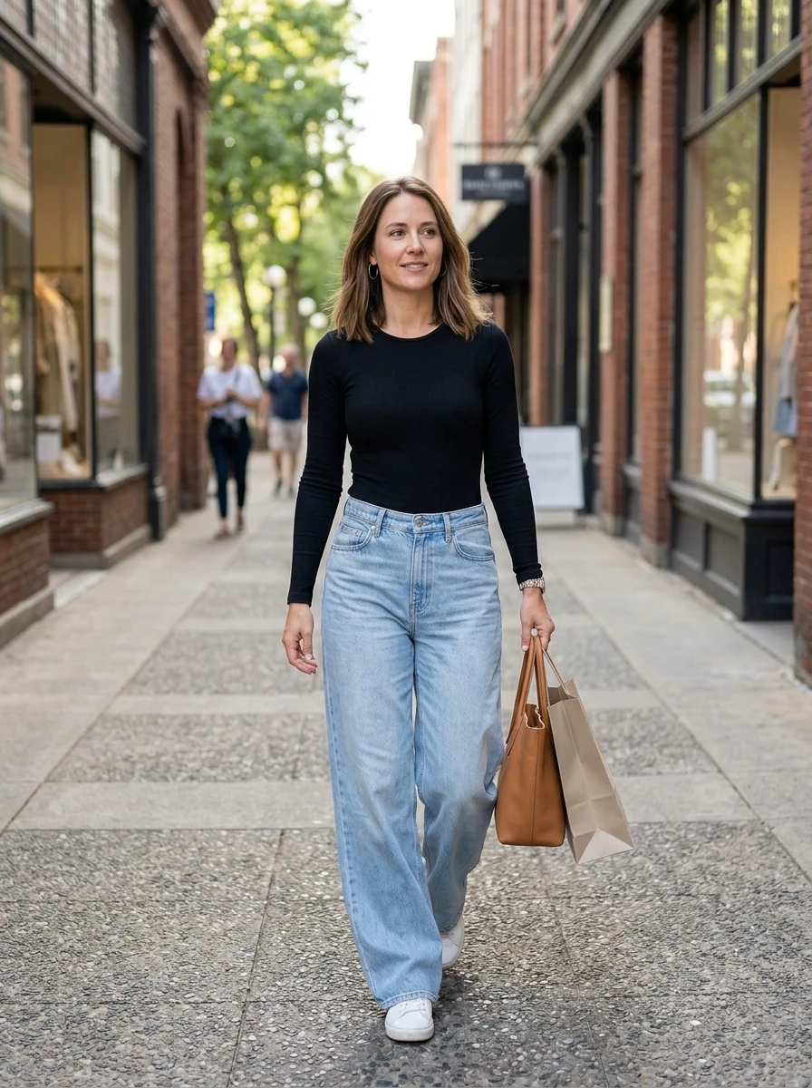 A woman wears a black fitted sleeveless bodysuit with wide leg light wash denim jeans and simple leather sandals.