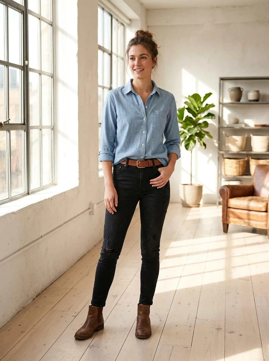 Woman wearing a tucked in chambray shirt with black denim jeans, paired with simple leather ankle boots.
