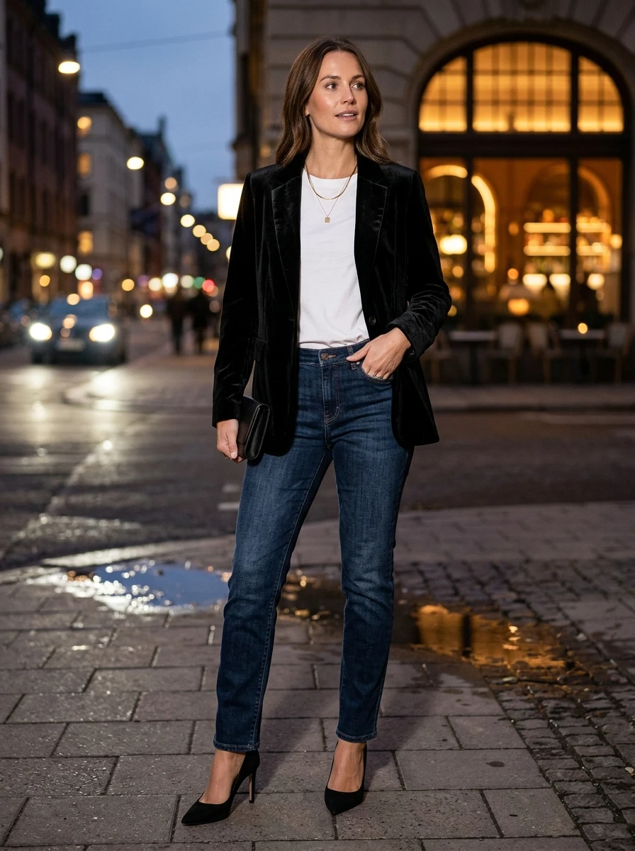 A woman wears a black velvet blazer over a plain white tee and dark wash denim, styled with black pointed toe heels.