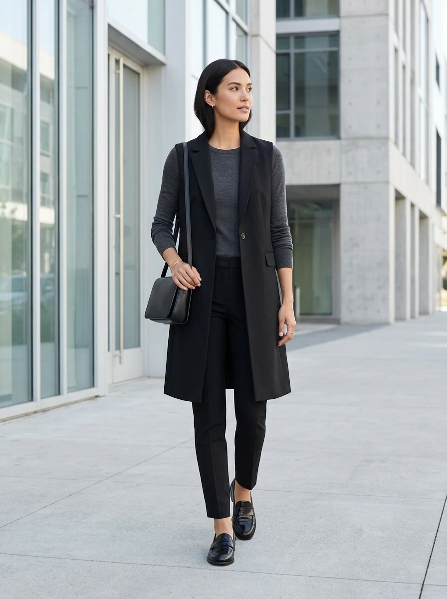 Woman wearing a longline cream vest over a fitted white top and slim gray trousers, finished with leather loafers.