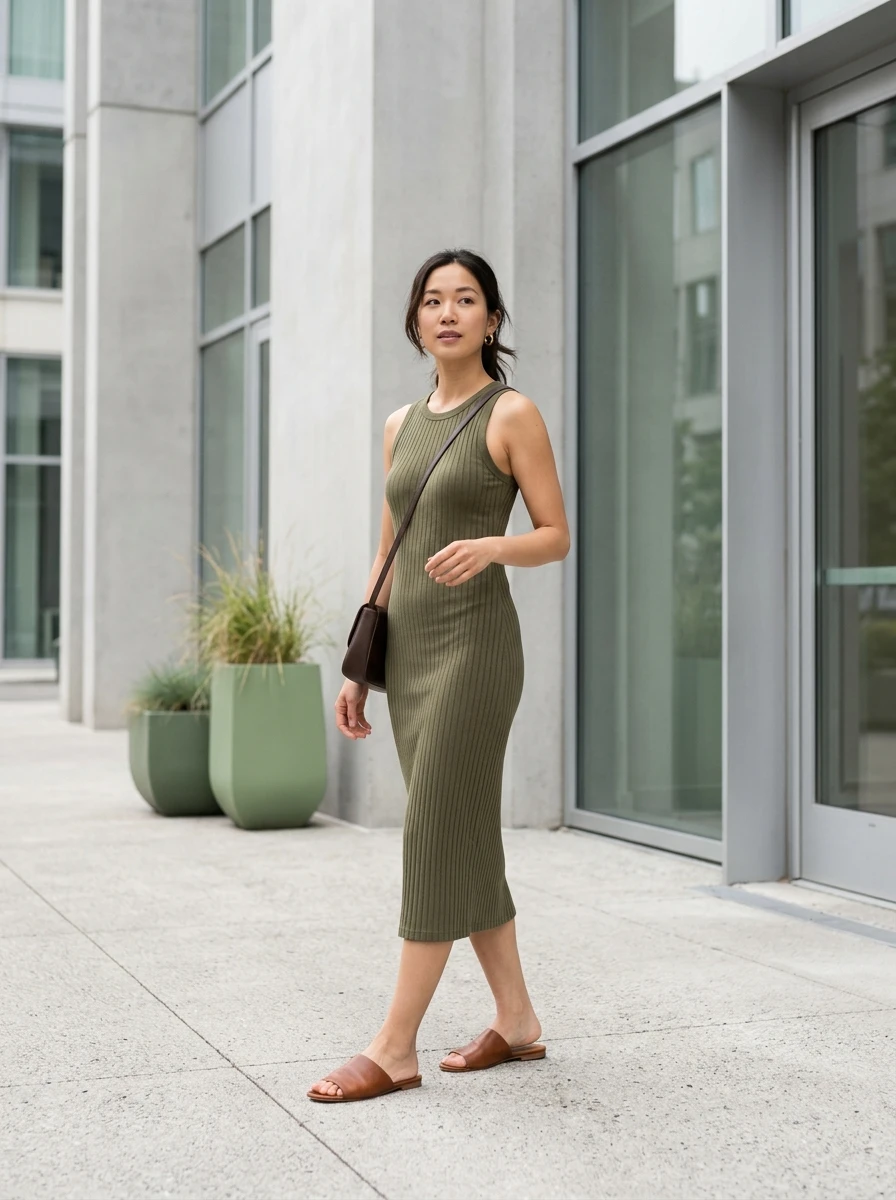 A woman in a fitted ribbed midi dress in olive green, paired with simple brown leather slides and minimal gold jewelry.