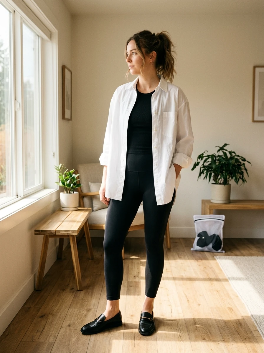 Woman wearing an oversized white cotton shirt left open over a black tank top and leggings, accessorized with black leather loafers.