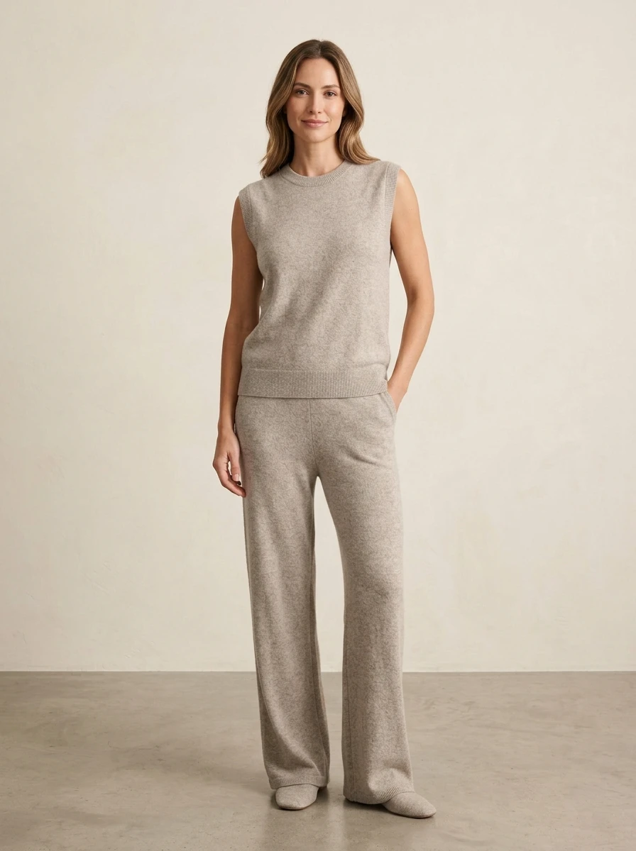 A woman in a matching oatmeal knit set, consisting of a sleeveless vest and wide leg trousers, styled with simple hoop earrings.