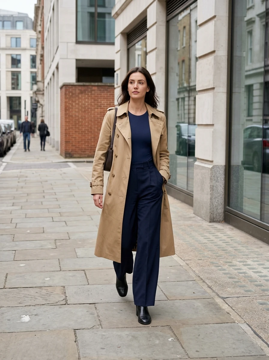 Woman wearing a tan trench coat over a dark blue bodysuit and wide leg trousers, completed with black leather ankle boots.