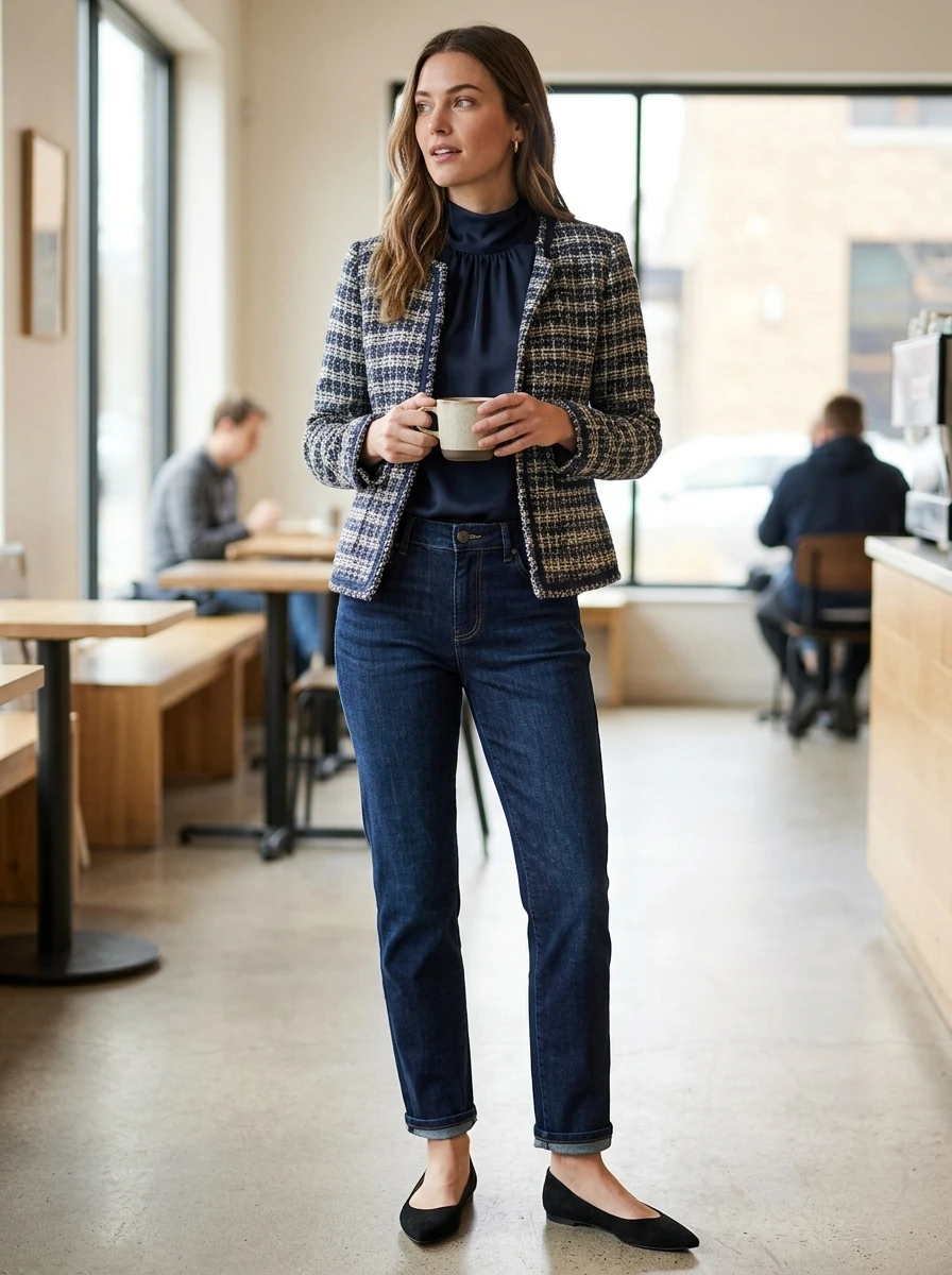 A woman wears a cropped tweed jacket in cream and black over dark wash denim jeans, paired with simple pointed toe flats.