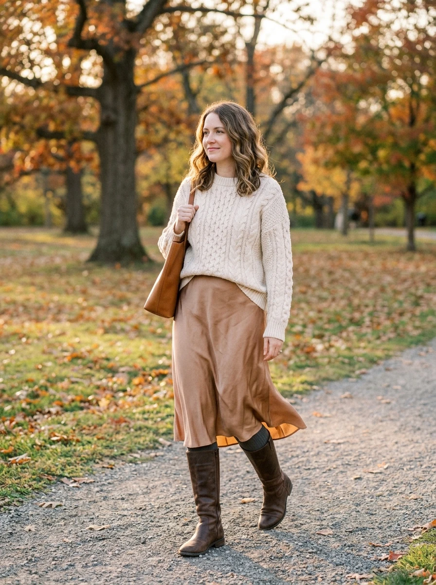 A woman wears a chunky cream cable knit sweater tucked into a champagne colored silk midi skirt, finished with brown leather boots.