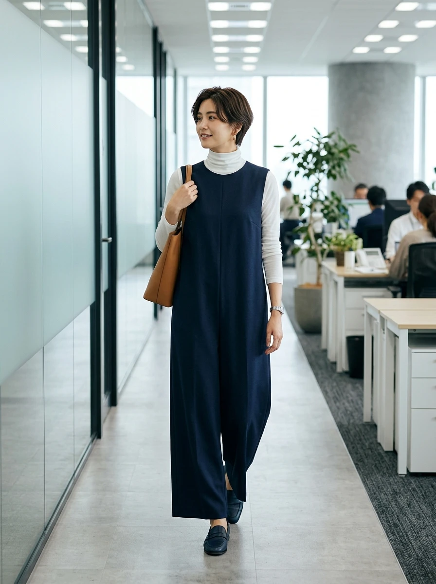 A woman wearing a navy wide leg jumpsuit layered over a white turtleneck.