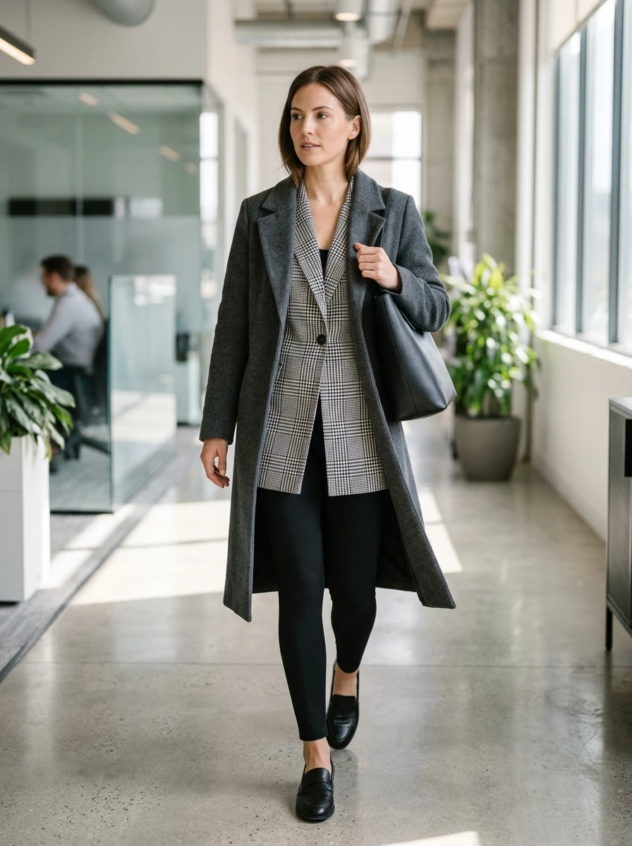 A woman wearing a longline checkered blazer paired with black leggings.