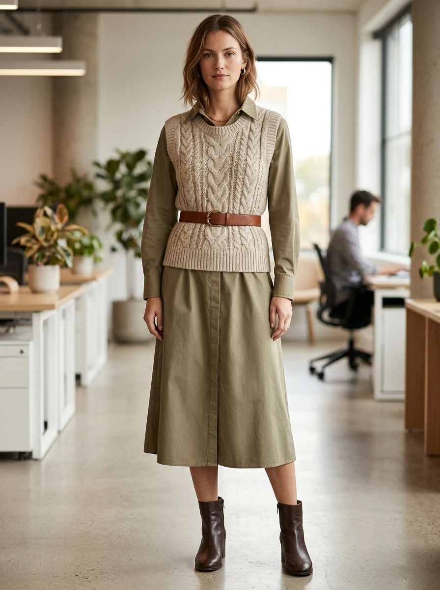 A woman wearing a midi shirt dress layered with a wool knit vest.