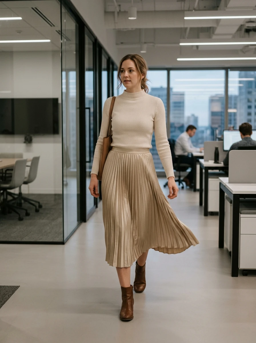 A woman wearing a fitted mock neck sweater paired with a midi pleated skirt.