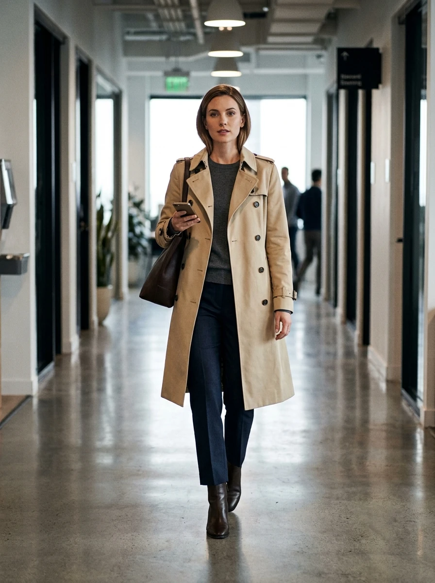 A woman wearing a trench coat over tailored trousers and a sweater.