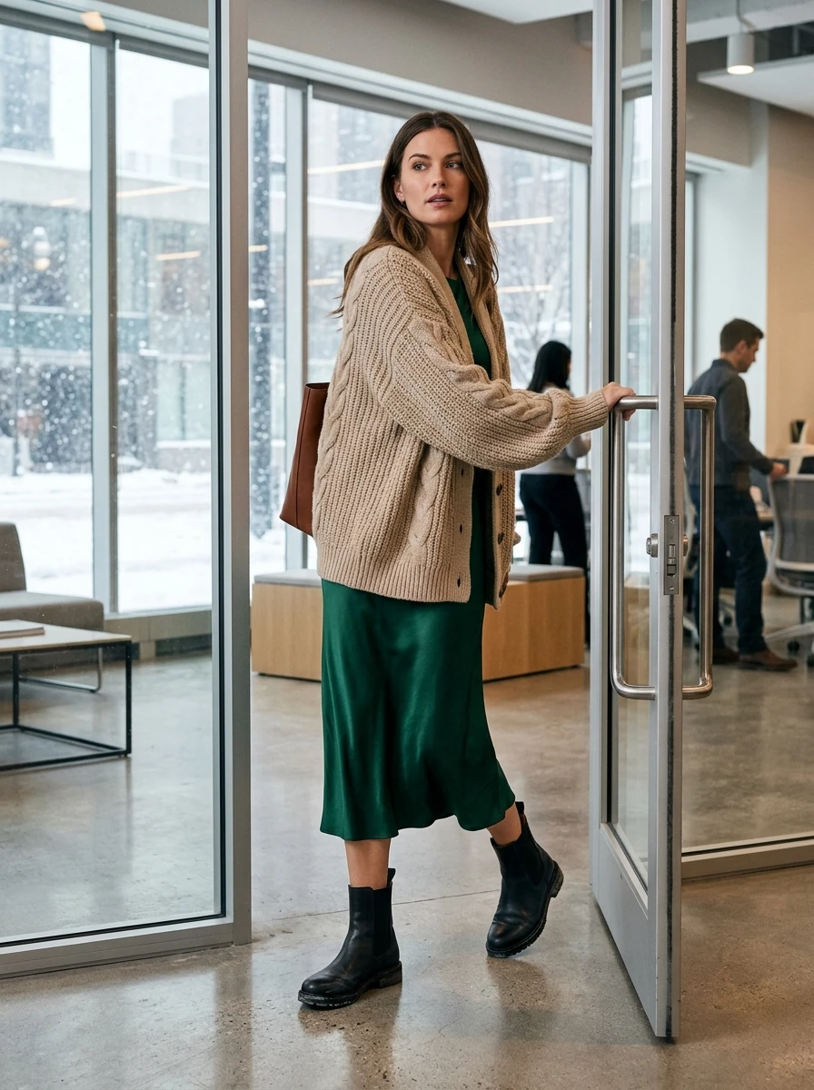 A woman wearing an oversized cardigan layered over a silk midi dress.
