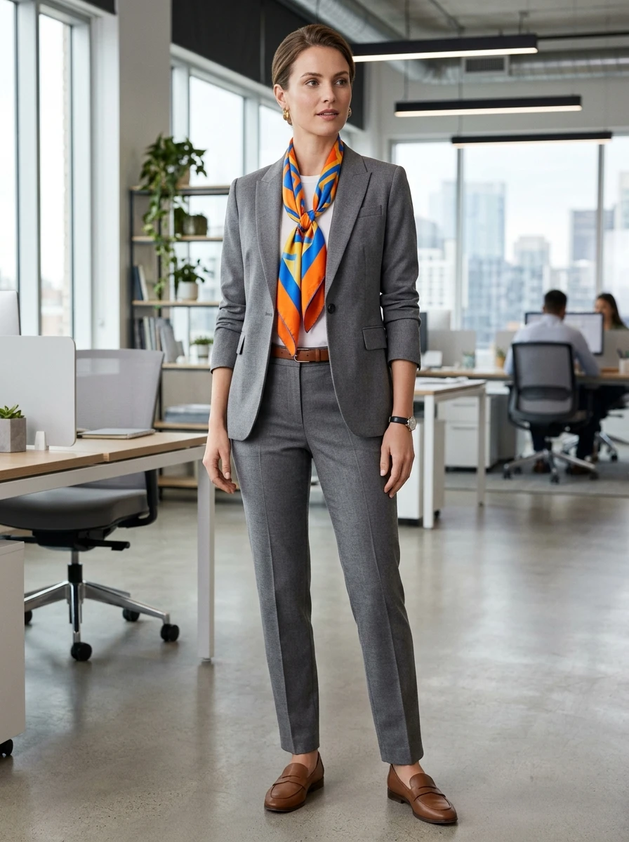 A woman wearing a gray tailored suit accessorized with a bright silk scarf.