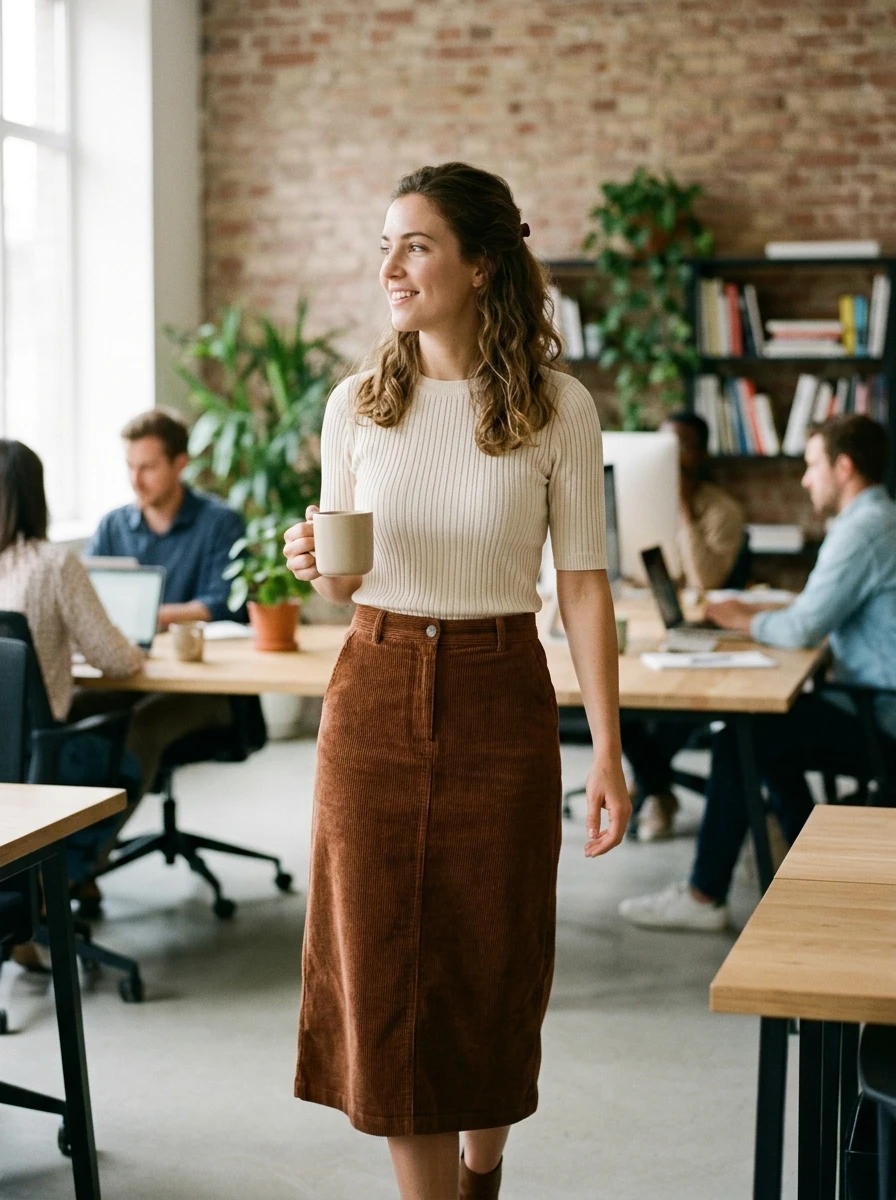 A woman wearing a chestnut brown corduroy midi skirt paired with a cream ribbed knit top.