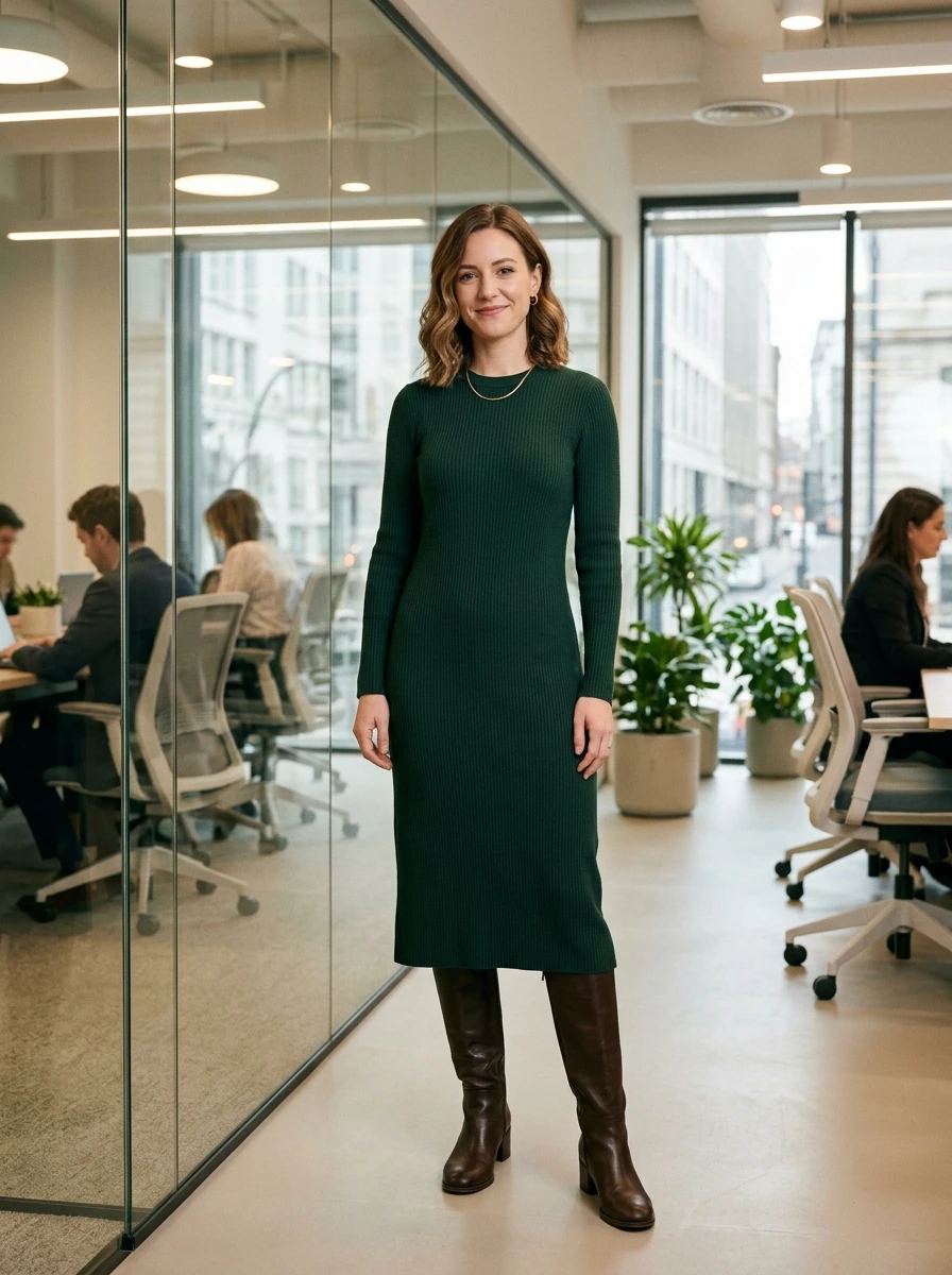 A woman wearing a forest green midi sweater dress paired with leather knee high boots.