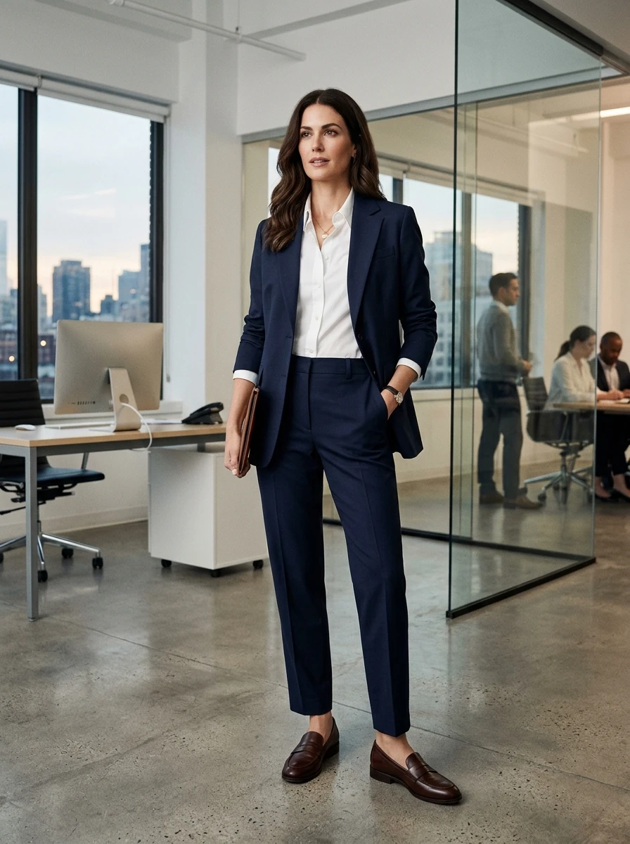 A woman wearing a navy blue power suit with a crisp white shirt and loafers.