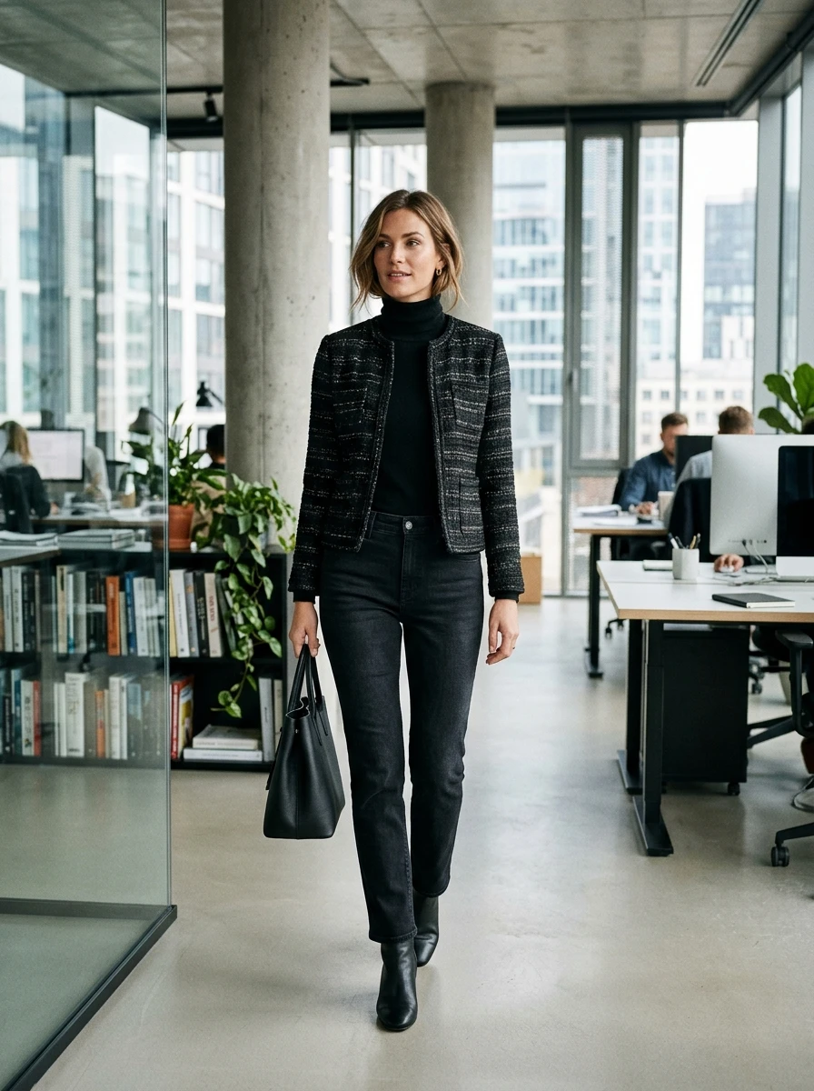 A woman wearing a black tweed jacket paired with dark black denim jeans.