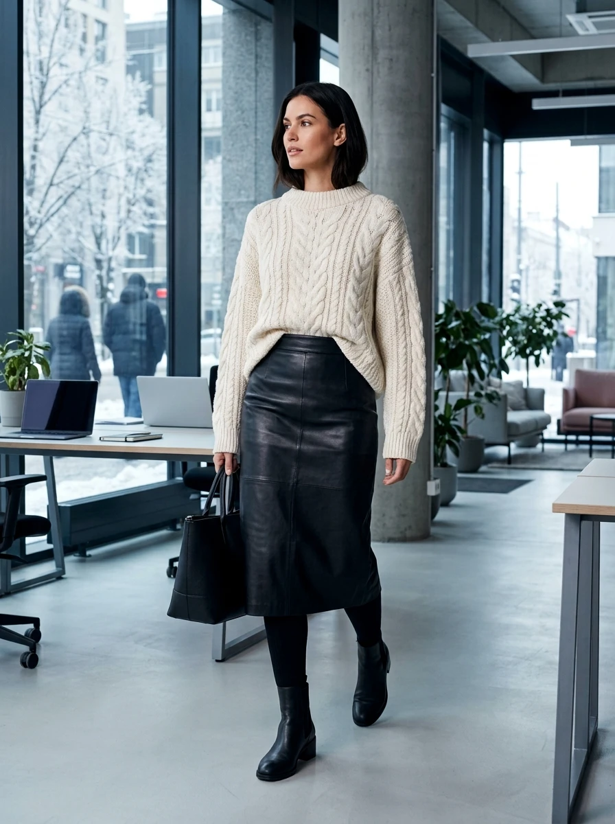 A woman wearing a black leather midi skirt paired with a chunky cream cable knit sweater.