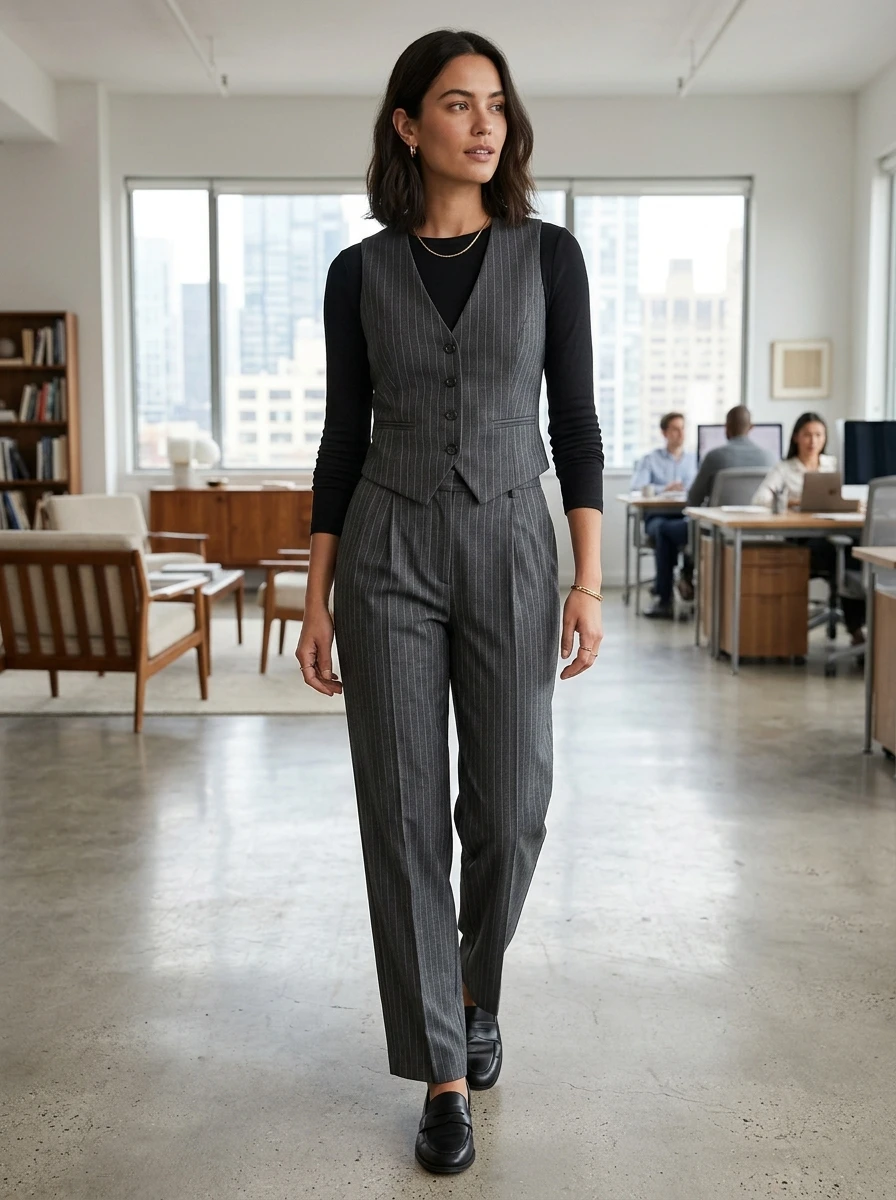 A woman wearing pinstripe trousers and a matching fitted vest layered over a long sleeve tee.