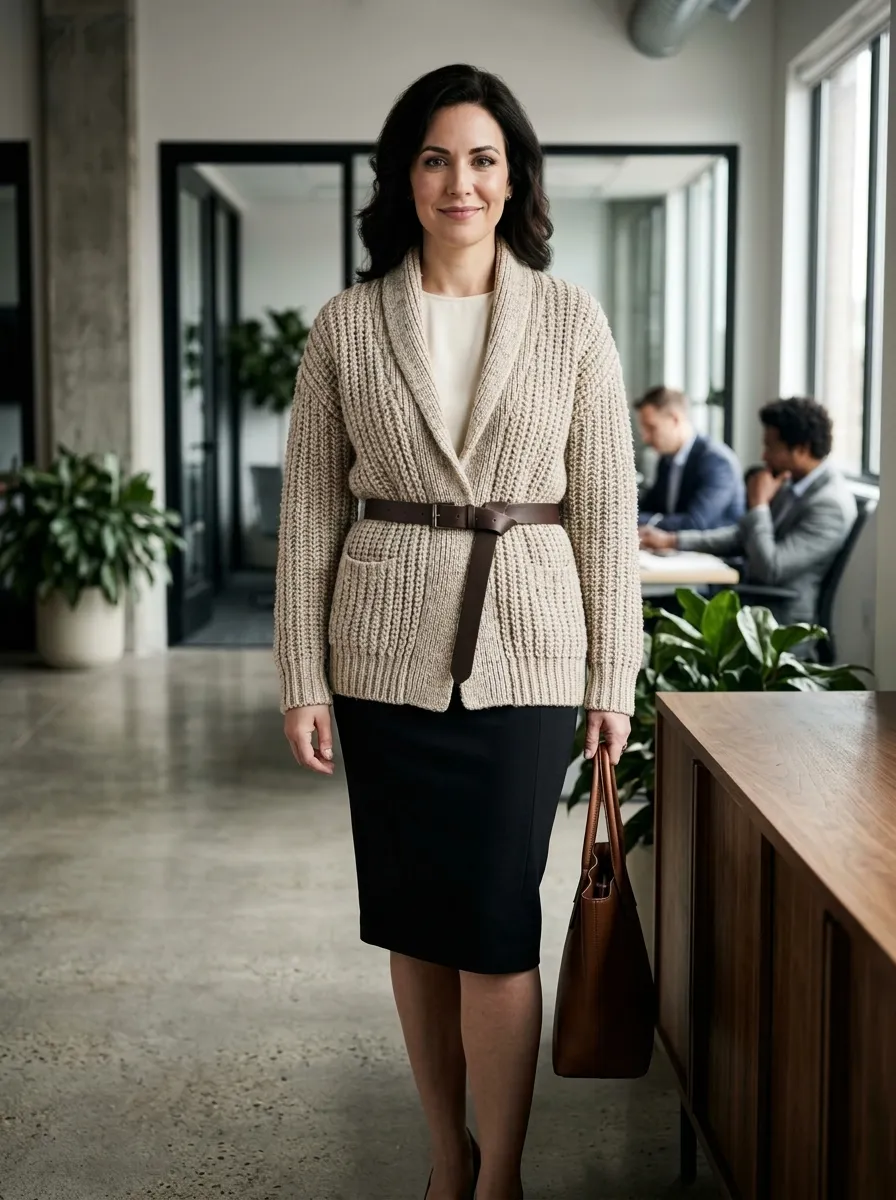 Belted Cardigan and Pencil Skirt — 19 Chic Winter Office Outfits Using Pieces You Own
