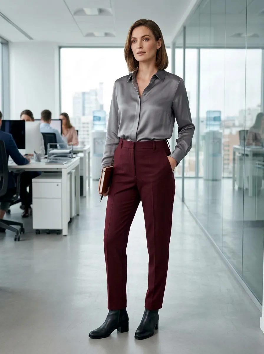 Burgundy Trousers and Gray Blouse — 19 Chic Winter Office Outfits Using Pieces You Own