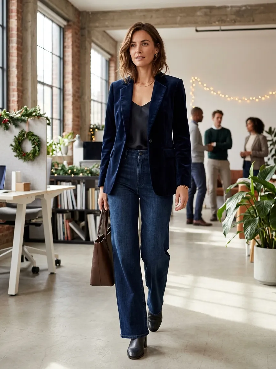 Velvet Blazer and Wide Leg Jeans — 19 Chic Winter Office Outfits Using Pieces You Own