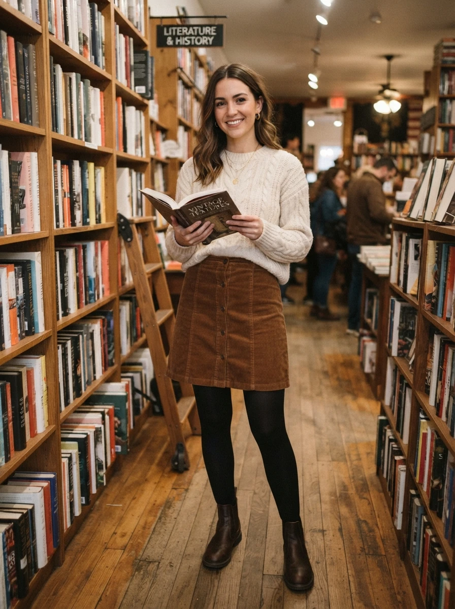 A woman wearing a brown corduroy skirt with black tights and a cream sweater, styled for a cozy autumn day.
