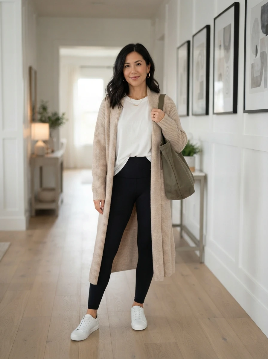 A woman wearing a long beige cardigan over leggings, a comfortable and practical look for daily activities.