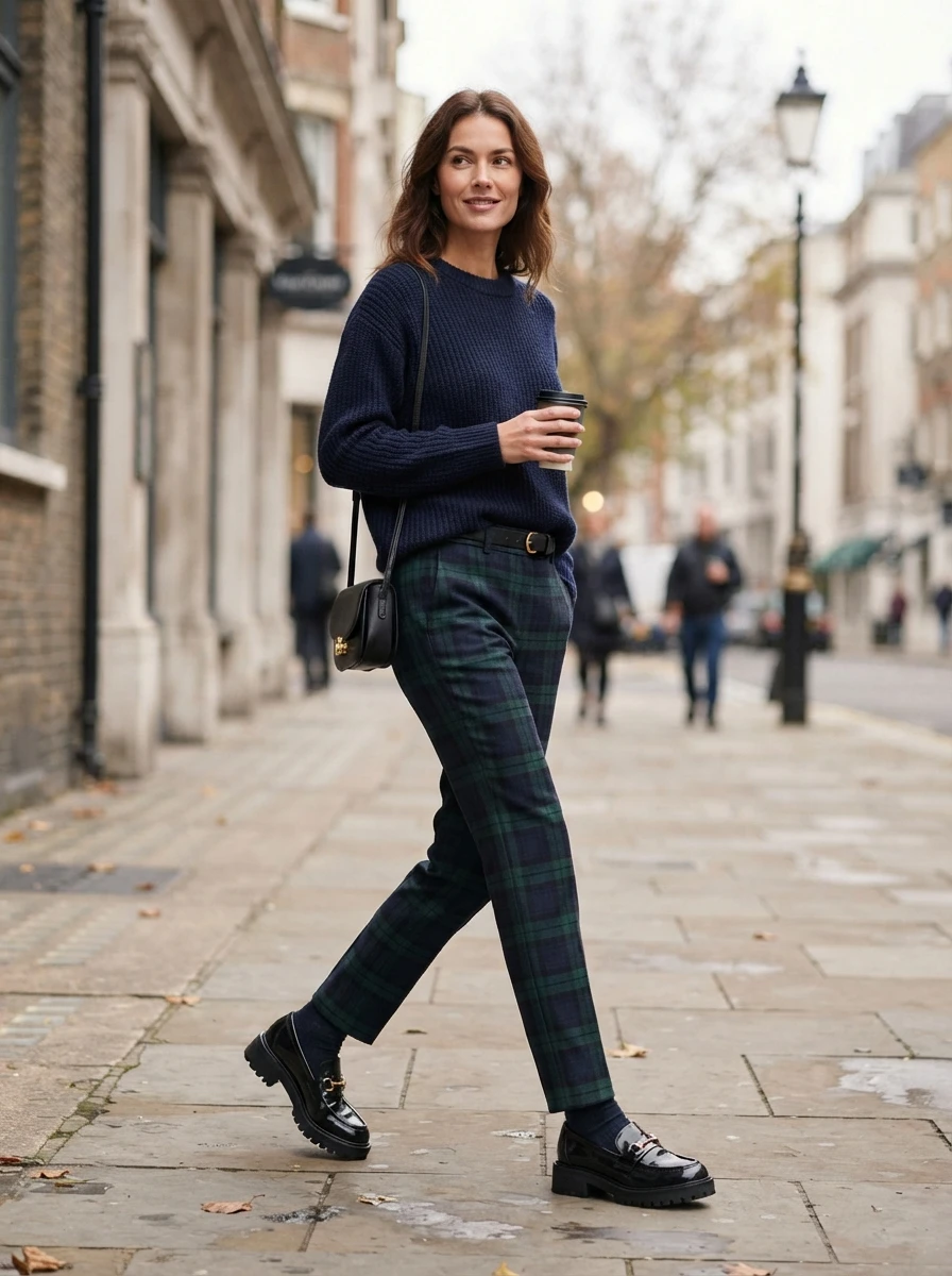 A woman wearing plaid trousers, a navy sweater, and black chunky loafers, creating a polished and comfortable outfit.