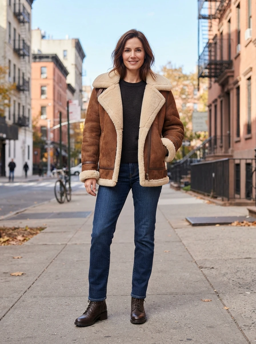 A woman wearing a brown shearling lined jacket with dark blue jeans, providing warmth and style for cold weather.