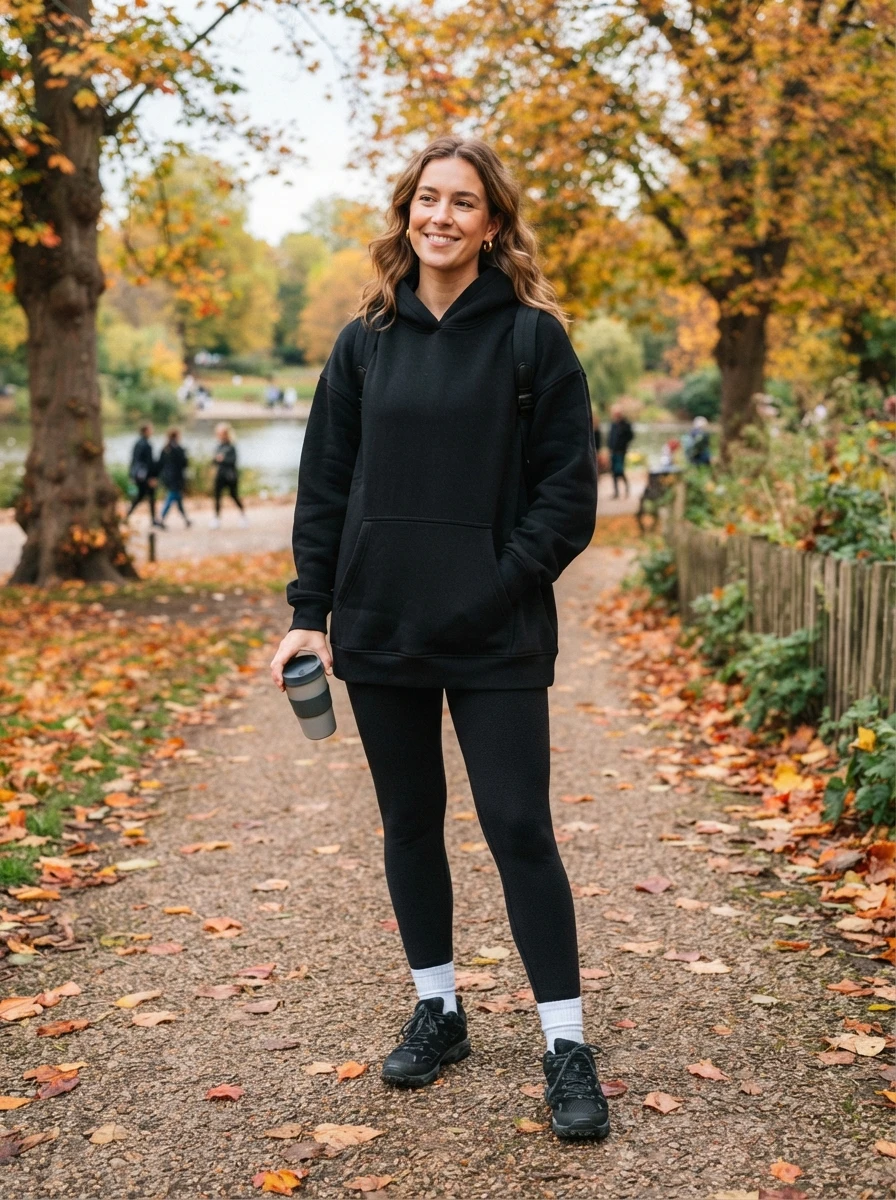 A woman wearing a black oversized hoodie and fleece lined leggings, designed for maximum warmth and comfort.