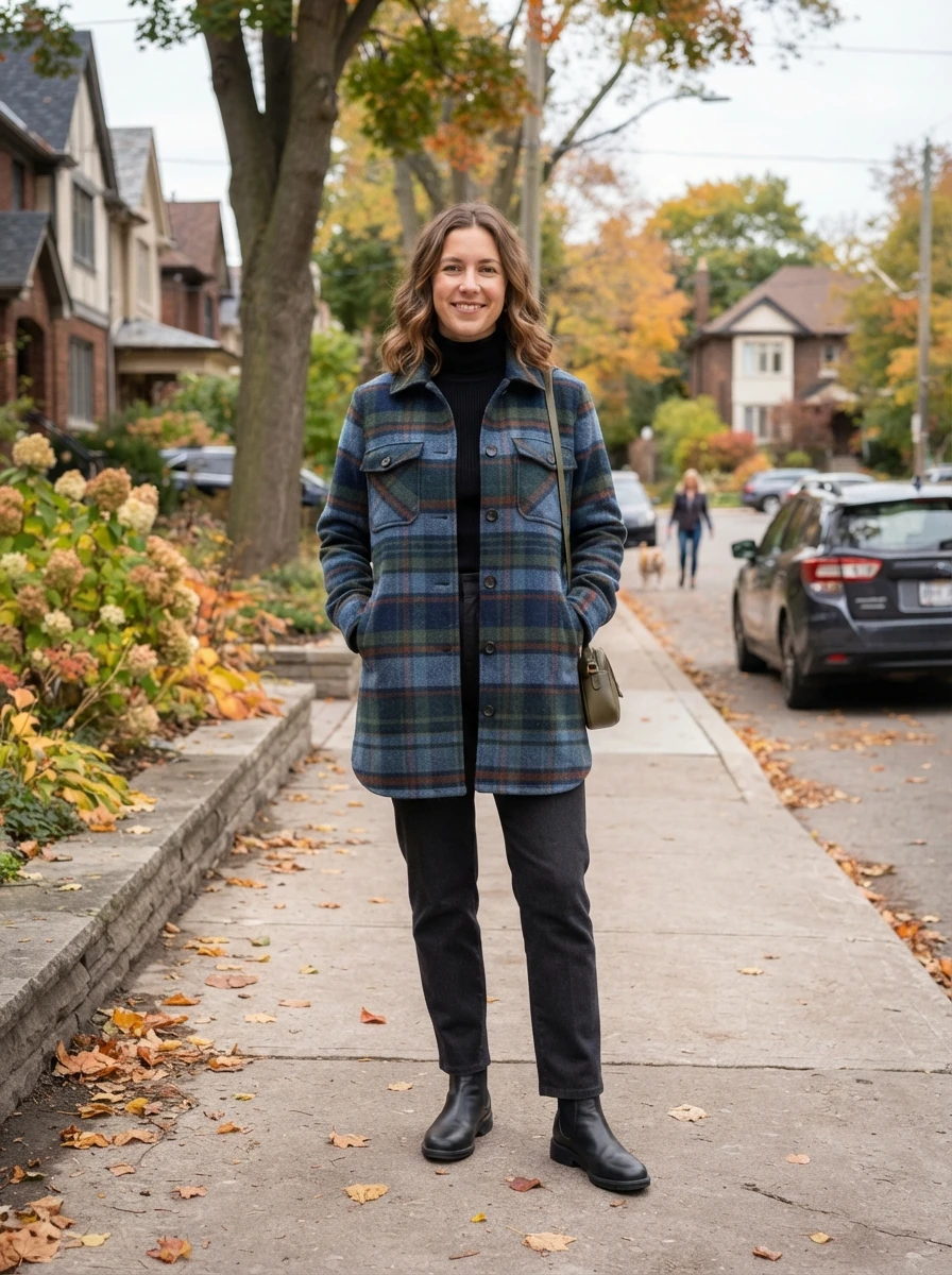 A woman wearing a plaid wool shacket over a black turtleneck, a versatile and warm combination for the season.