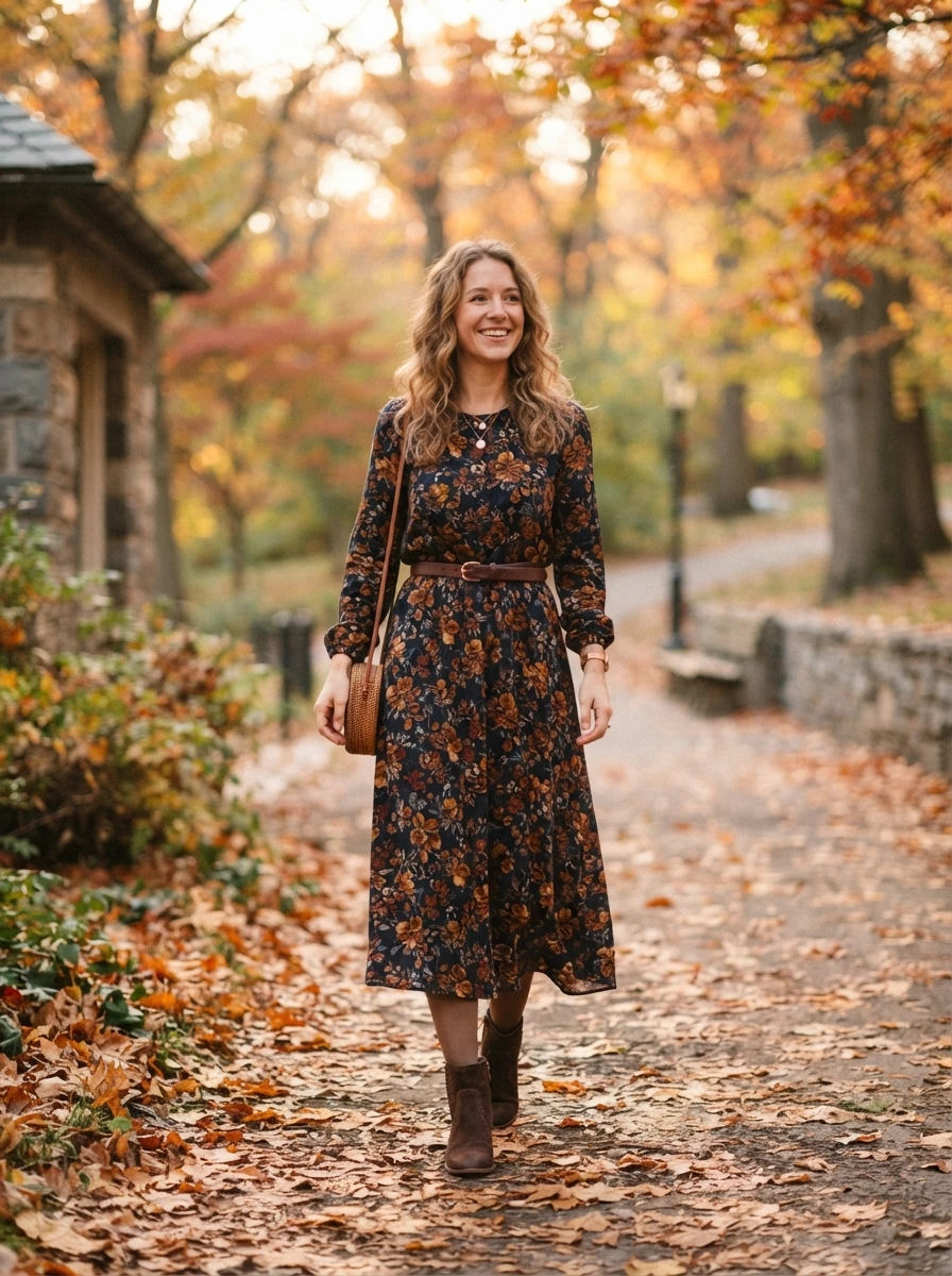 A woman wearing a long sleeved midi dress with brown suede boots, a stylish and comfortable outfit for various occasions.