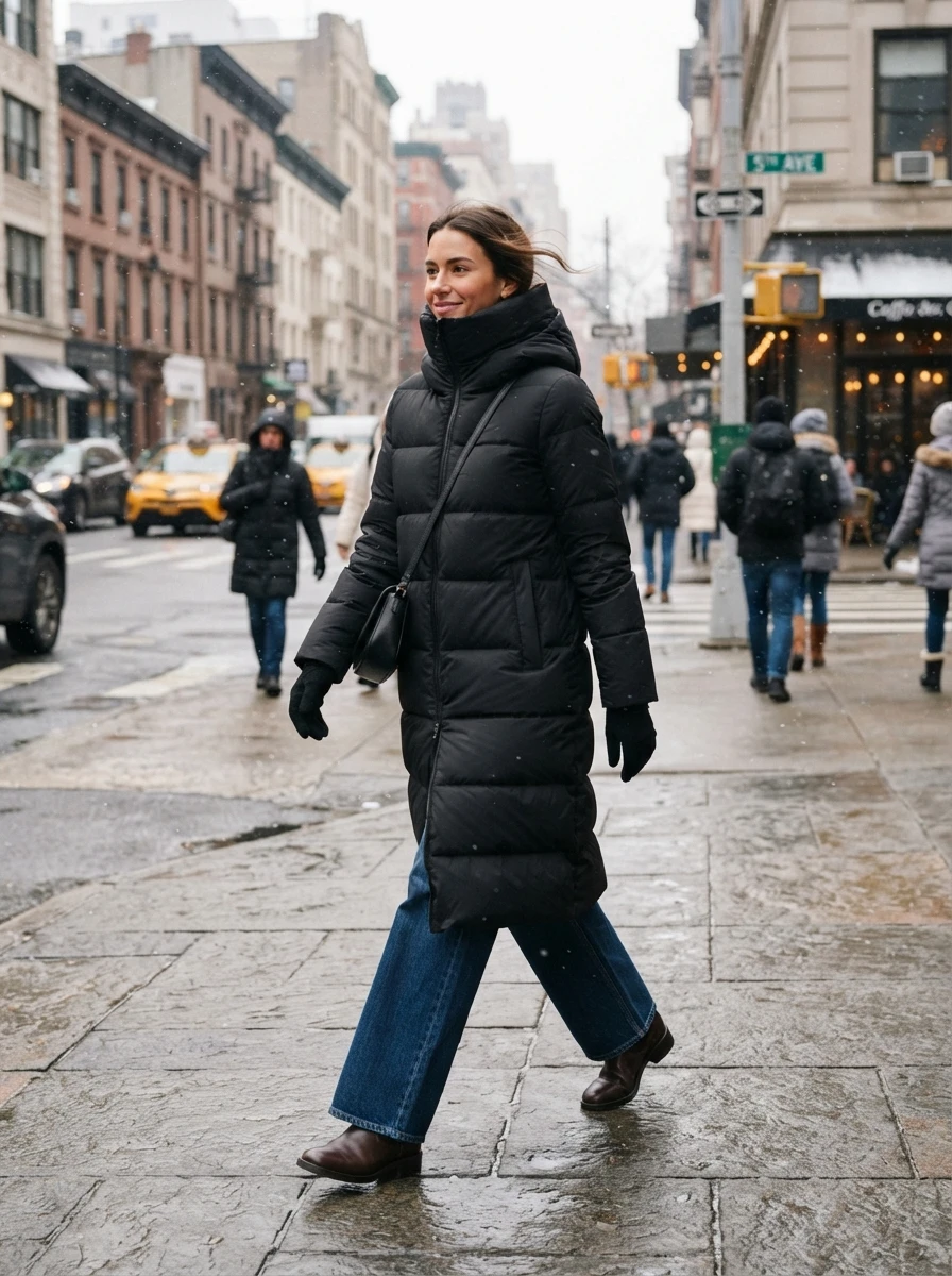 A woman wearing a long black puffer coat and blue wide leg jeans, providing essential warmth for winter weather.