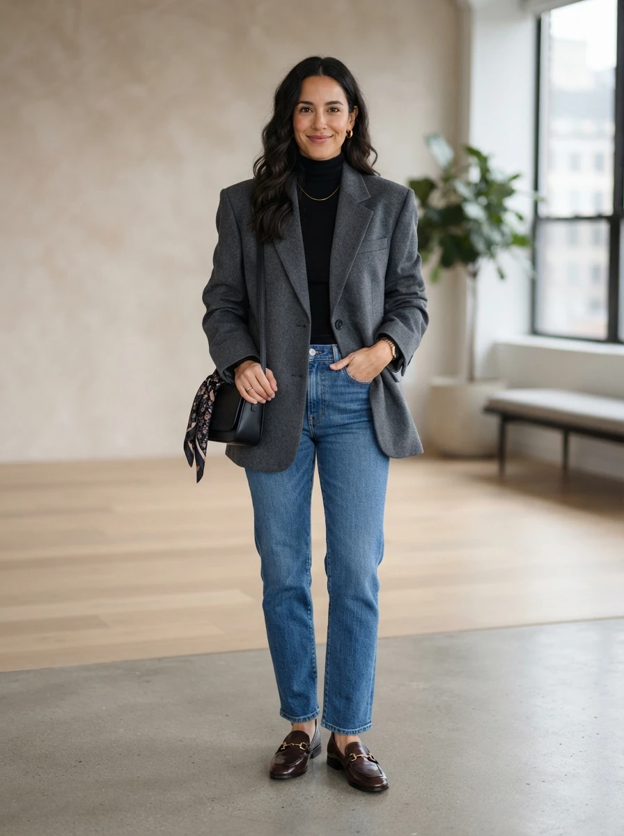 A woman dressed in an oversized charcoal wool blazer over a black turtleneck with straight leg jeans, suitable for a casual office environment.