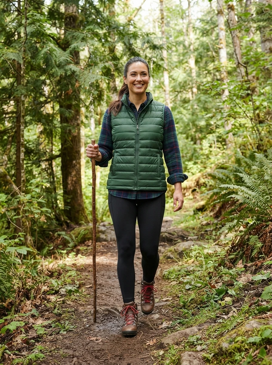 A woman wearing a quilted puffer vest layered over a plaid flannel shirt with black leggings, prepared for an outdoor walk.