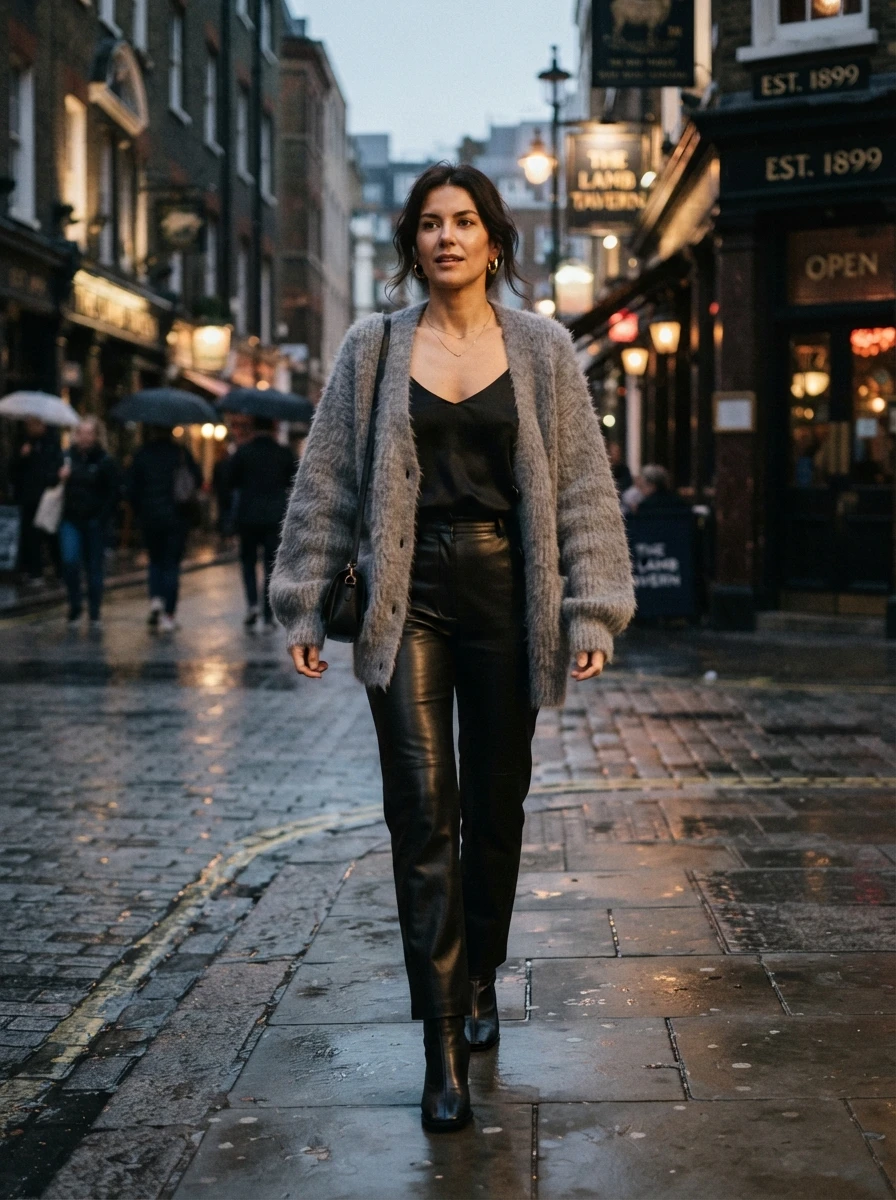 A woman wearing black leather trousers paired with a soft grey mohair cardigan, creating a balanced texture contrast.