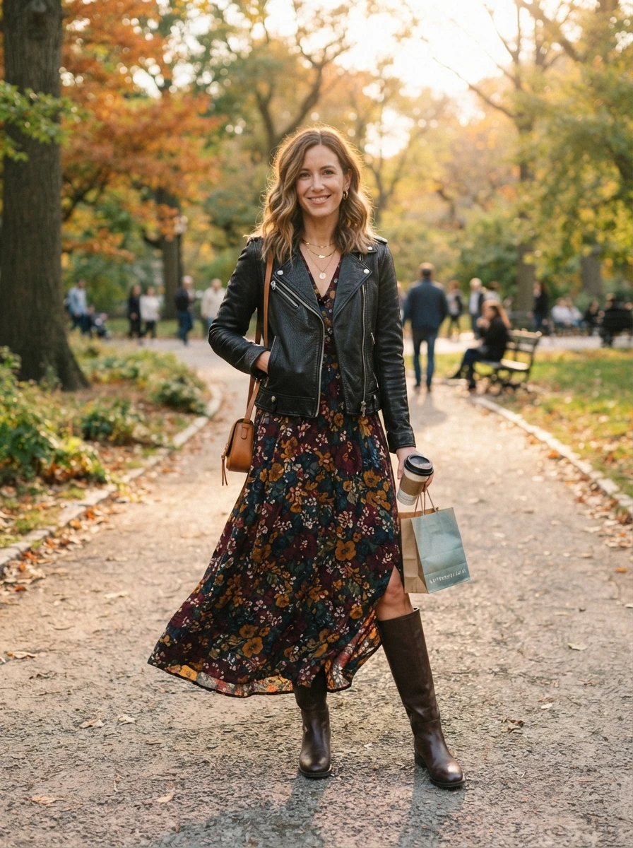 A woman wearing a floral maxi dress paired with a black leather biker jacket and knee high boots, transitioning a summer piece for autumn.