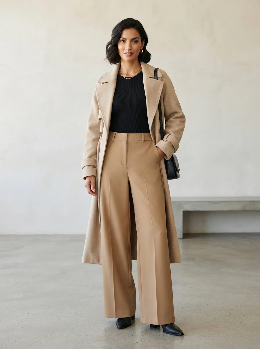 A woman wearing high waisted wide leg tan trousers and a black fitted bodysuit, demonstrating a clean and sophisticated silhouette.