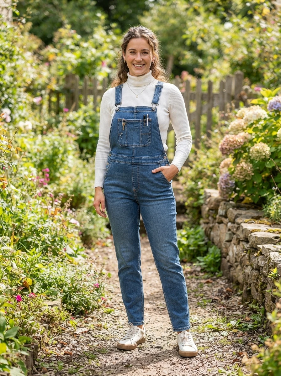 A woman wearing blue denim overalls over a white ribbed turtleneck, offering a casual and functional style.