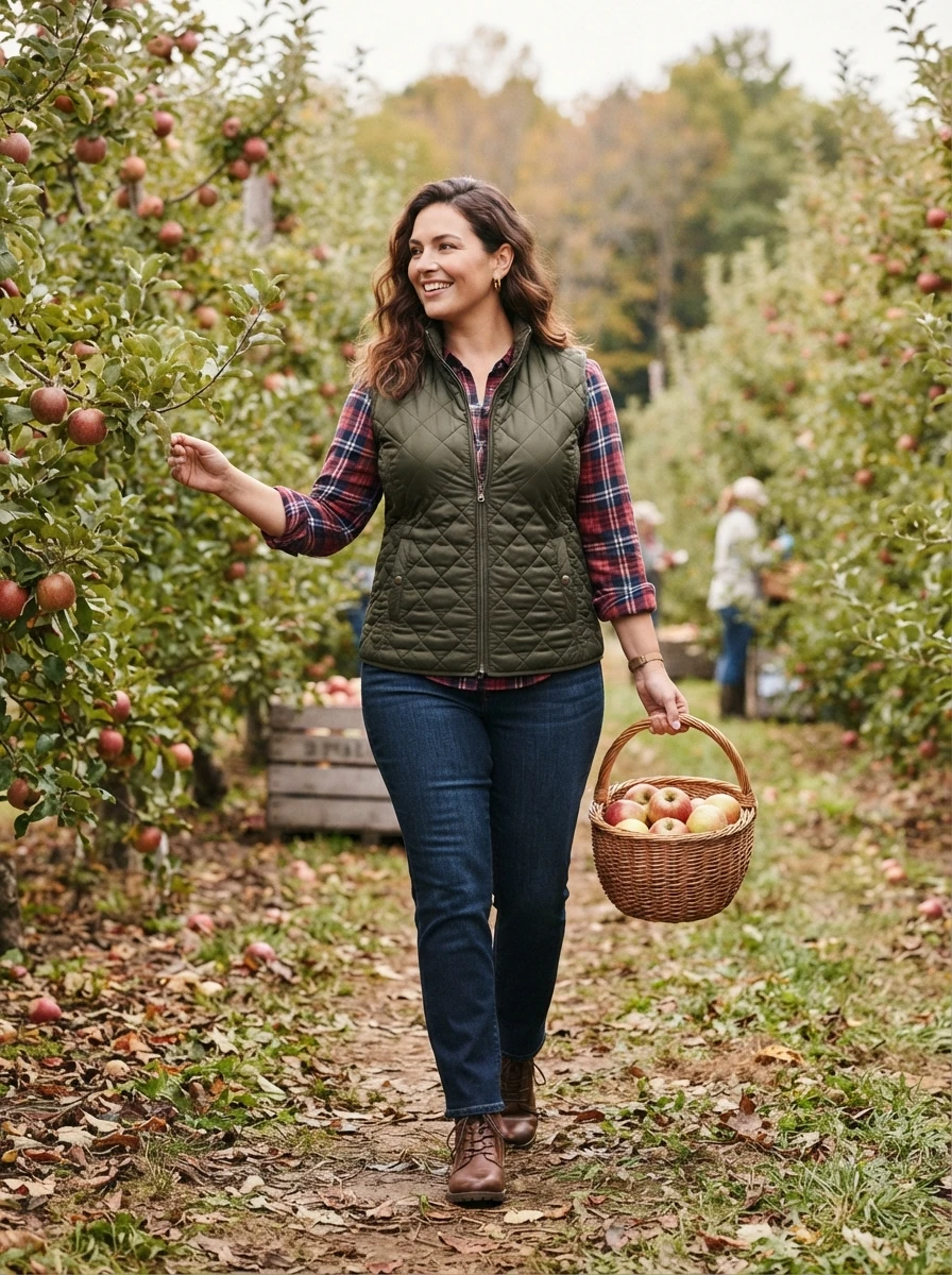 A curvy woman is styled in a quilted vest worn over a plaid flannel shirt, embodying a classic and practical outdoor autumn look.