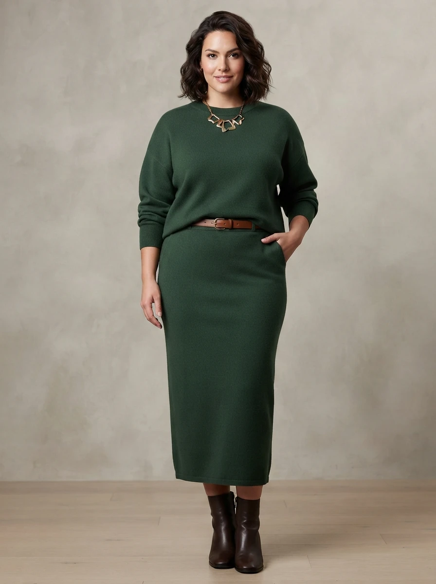 A curvy woman wears a matching monochromatic knit sweater and skirt set, demonstrating how a single color palette can create a streamlined and chic look.